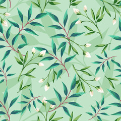 Vector seamless floral pattern with green leaves and small white flowers on a green background