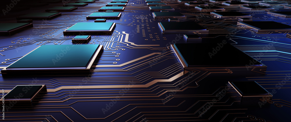 Poster Printed circuit board futuristic server/Circuit board background, can be used as digital dynamic wallpaper, technology background. 3D render abstract background made of array of points and line. 