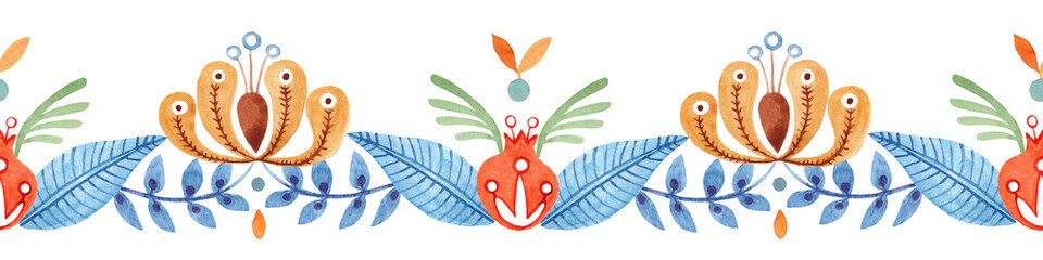 Watercolor abstract ethnic seamless pattern. Floral simple dynamic pattern of colorful plants for textile, wrapping, background, scrapbooking, postcards
