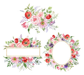 Watercolor frames and wreaths of spring flowers with golden geometric frames. Bouquets and borders, drawn by hand. For wedding invitation, greeting cards, posters, scrapbooking