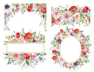 Watercolor frames and wreaths of spring flowers with golden geometric frames. Bouquets and borders, drawn by hand. For wedding invitation, greeting cards, posters, scrapbooking