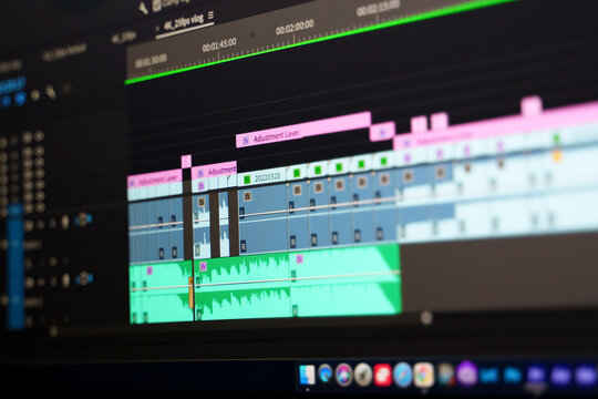 Kuala Lumpur - April 29th 2022 : view of video timeline on Premiere pro video editing software by Adobe