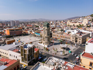 Monumental Clock Tower on Central Square. Aerial View of Pachuca, Hidalgo state, Mexico