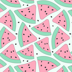 Pattern with watermelon slices. Bright summer design in a pink-green palette. Template for summer designs. Vector illustration.