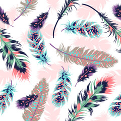 Seamless pattern of colorful bird feathers in ethnic style. Boho wallpaper. Trendy exotic, tribal template for fashion design, textile, wrapping paper. Vector illustration.