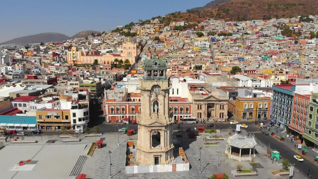 Monumental Clock Tower on Central Square. Aerial View of Pachuca, Hidalgo state, Mexico