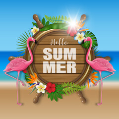Hello summer party poster with pink flamingos and tropical plants on beach background