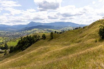 Panorama of mountains in the Ukrainian Carpathians on a summer day.