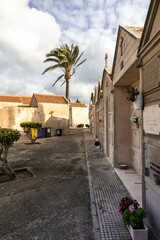 Schöne Familiengräber mit einer Palme im Hintergrund
Friedhof auf Spaniens Insel Palma de Mallorca