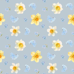 Floral pattern with daffodils and forget-me-nots, watercolor illustration