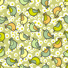 Seamless pattern with funny colorful birds. Color flat vector illustration with little cartoon bird. Cute characters. Template design for invitation, poster, card, flyer, textile, fabric for kids
