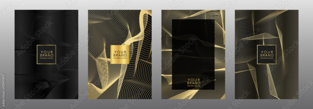 Poster modern premium colors cover frame design set. gold and black abstract line pattern guilloche curves 