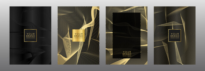 Modern premium colors cover frame design set. Gold and black  abstract line pattern guilloche curves backgrounds. Luxury wavy stripe vector layout for business banner, certificate, brochure template