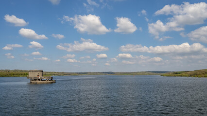 View of Roadford Dam and Reservoir, Lake, Cornwall, England. With Valve Tower.