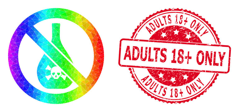 Red Round Unclean ADULTS 18+ ONLY Stamp Seal And Lowpoly Forbidden Chemicals Icon With Spectrum Vibrant Gradient.