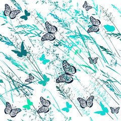Texture, print design for fabric, background. grass seamless pattern. Natural pattern with butterflies. Vector illustration