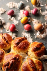 Easter, traditional basket, Easter eggs, green grass, yellow flowers, Easter table
