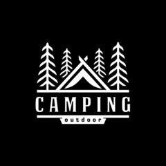 Vintage camping and outdoor adventure emblems, logos and badges. Camp tent in forest or mountains. Camping equipment. Vector.
