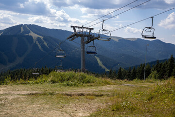 Panorama of mountains in the Ukrainian Carpathians on a summer day.