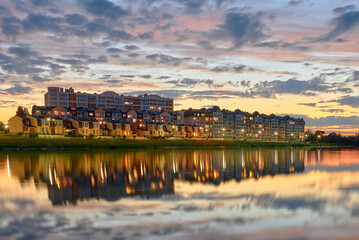 Naklejka premium sunset on the river in Chernihiv, Ukraine, before the russian aggression
