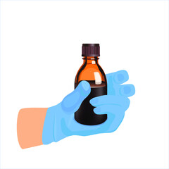 Female hand with bottle of iodine on white background. Iodine, wound care fluid, disinfectant. Brown sanitizer liquid in glass bottle. Medicine bottle in doctor hand  in blue gloves