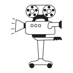 Cinematography film production.Vintage film projector.Movie camera tripod.Video camera hand drawn outline doodle.Motion movie.Isolated on white background.