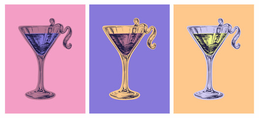 Set Colored Hand Drawn Sketch Cosmopolitan Cocktail Drinks Vector Illustration. Pop Art Style - obrazy, fototapety, plakaty