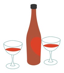Bottle of wine, alcohol poured in glasses vector