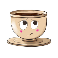 Cute shy coffee cup. Funny character. Isolated