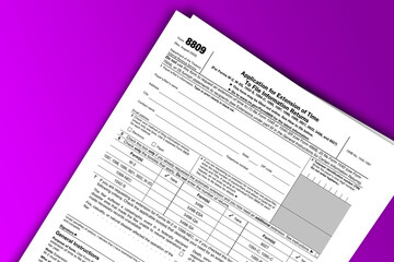 Form 8809 documentation published IRS USA 43990. American tax document on colored