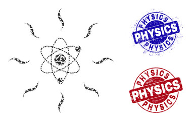 Round PHYSICS rubber seals with tag inside round forms, and spall mosaic quantum radiation icon. Blue and red seals includes PHYSICS caption. Quantum radiation mosaic icon of spall parts.