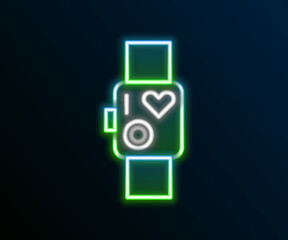 Glowing neon line Smart watch showing heart beat rate icon isolated on black background. Fitness App concept. Colorful outline concept. Vector