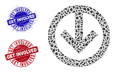 Round GET INVOLVED rough watermarks with word inside round shapes, and debris mosaic direction down icon. Blue and red stamp seals includes GET INVOLVED tag.