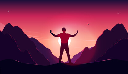 Personal triumph - Man standing on mountain with sun having arms raised feeling strong and confident. Vector illustration with copy space - obrazy, fototapety, plakaty