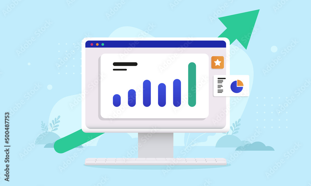 Poster computer with green arrow - desktop pc with diagram chart showing positive results and growth. semi 