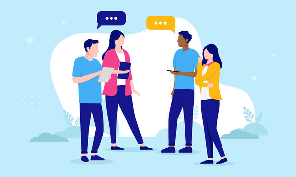 Casual business people having a stand-up meeting, talking and discussing work. Flat design vector illustration with blue background