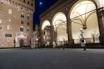 Florence architecture illuminated by night, Piazza della Signoria - Signoria Square - Italy. Urban...