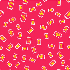Line Mining bitcoin from mobile icon isolated seamless pattern on red background. Cryptocurrency mining, blockchain technology service. Vector