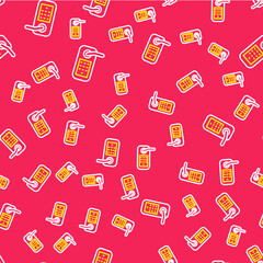 Line Digital door lock with wireless technology for unlock icon isolated seamless pattern on red background. Door handle sign. Security smart home. Vector