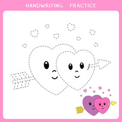 Handwriting practice sheet. Simple educational game for kids. Vector illustration of cute two hearts pierced by Cupid's golden arrow  for coloring book