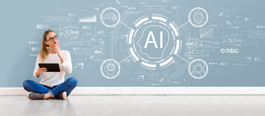 AI concept with young woman holding a tablet computer