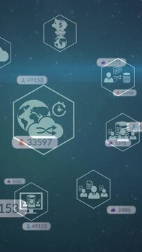 Animation of social media icons and numbers over blue background