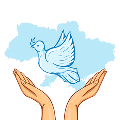 White Dove Symbol of Peace over Raised Human Arms.