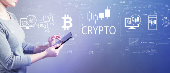 Crypto Trading theme with business woman using a tablet computer
