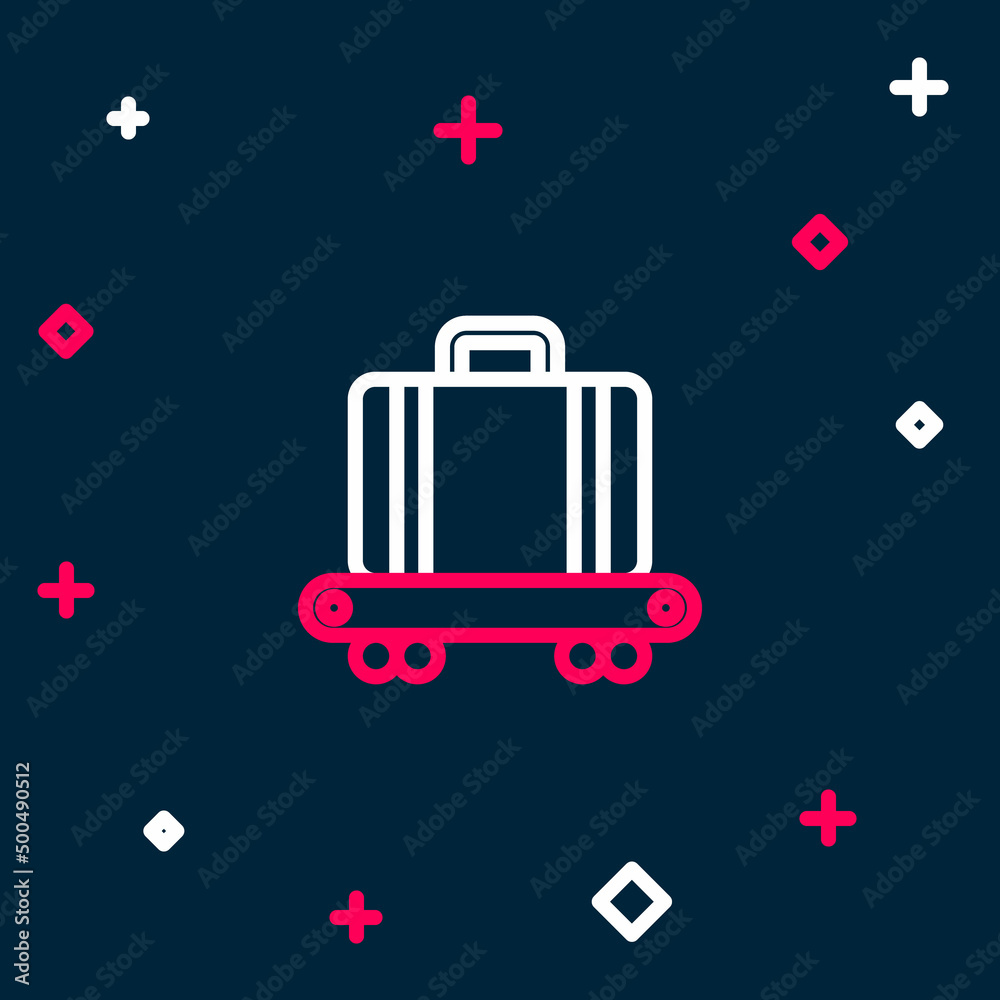 Poster Line Airport conveyor belt with passenger luggage, suitcase, bag, baggage icon isolated on blue background. Colorful outline concept. Vector