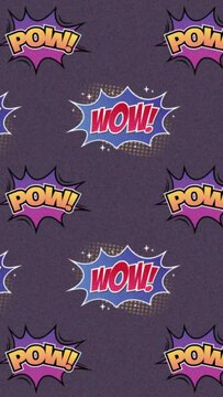 Animation of zap and pow text repeated on grey background