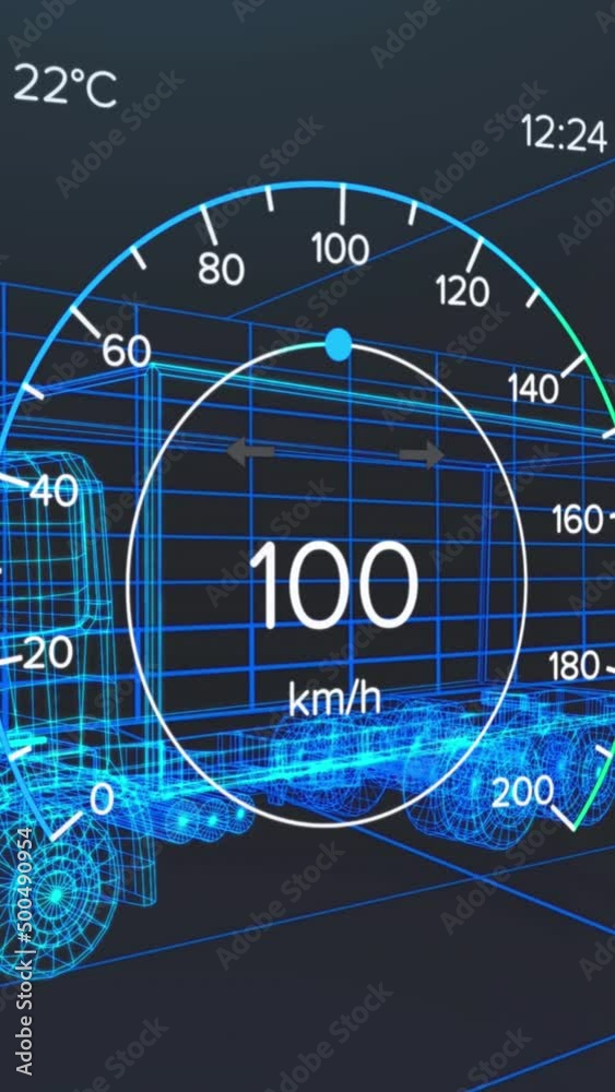 Wall mural animation of speedometer and power gauge over 3d lorry model moving on black background