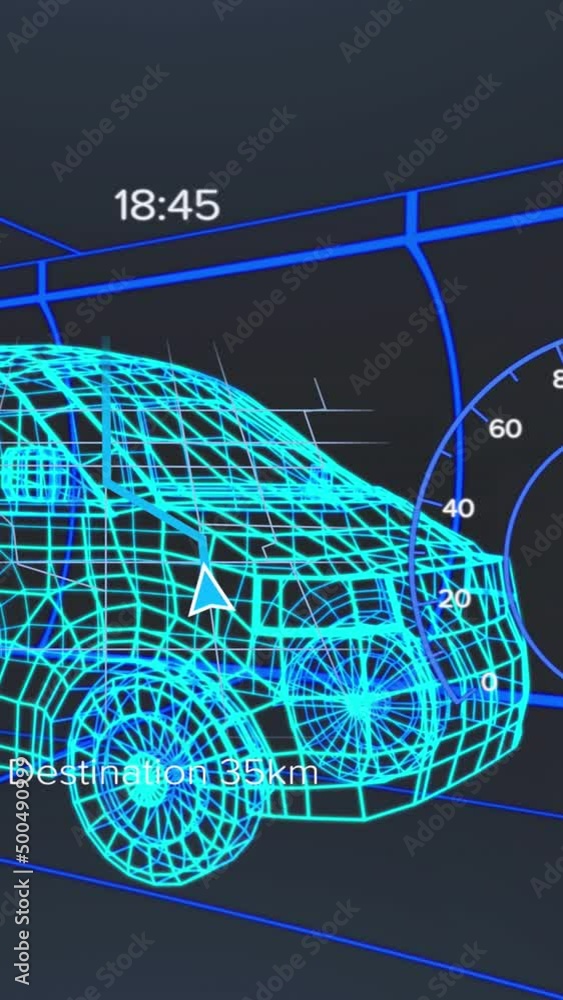 Wall mural animation of speedometer, gps and charge status data on vehicle interface, over 3d van model