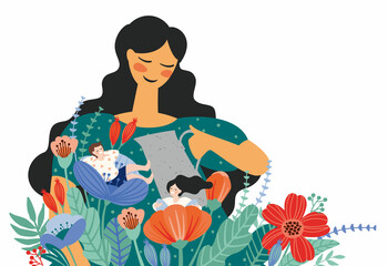 Happy Mothers Day. Vector illustration with women and children in flowers. Design element