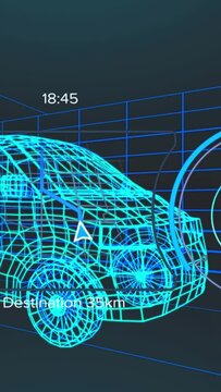 Animation of speedometer, gps and charge status data on vehicle interface, over 3d van model